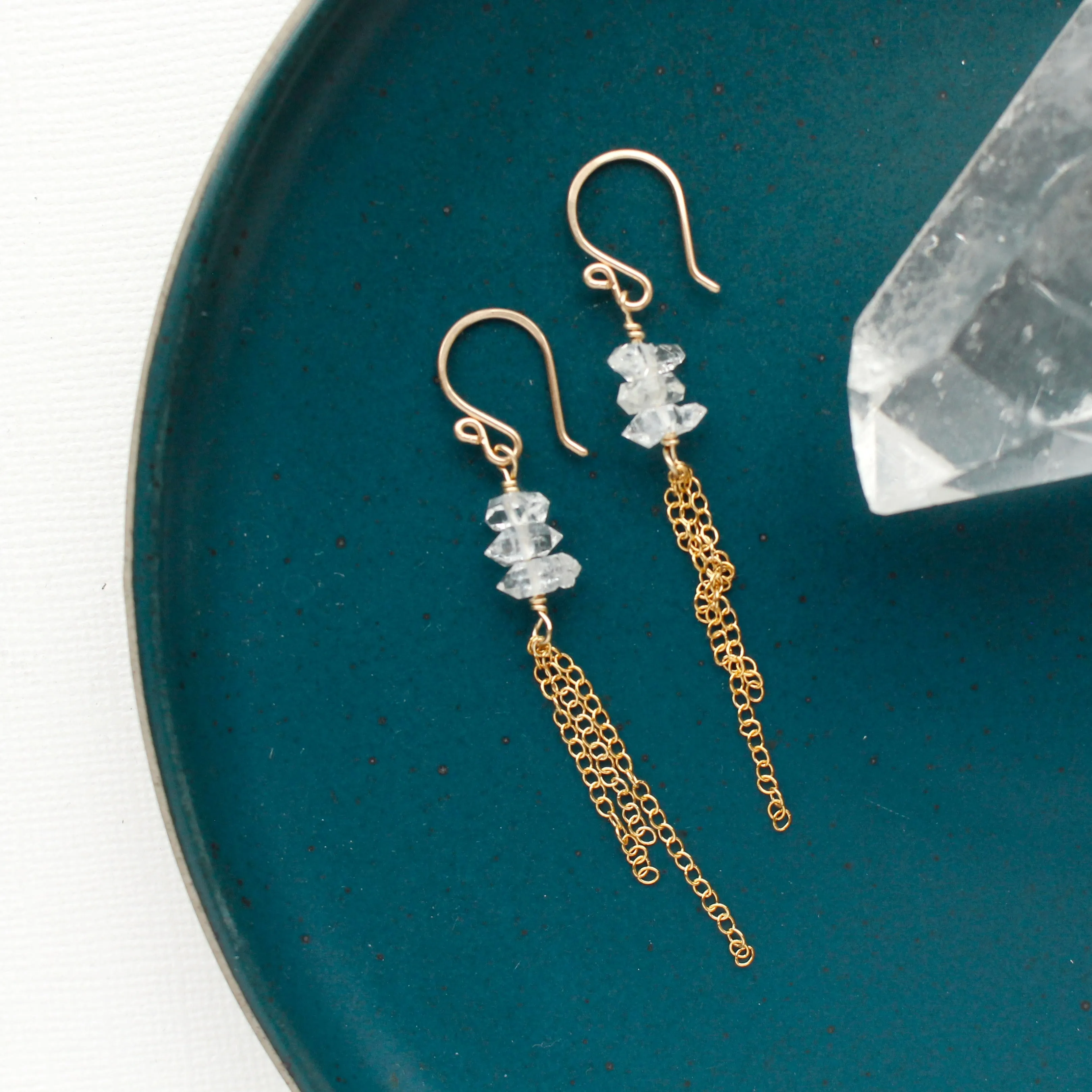 Stacked Herkimer Diamond Gold Tassel Earrings