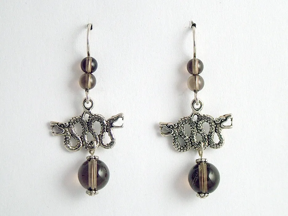 Sterling Silver Double Headed Serpent Dragon dangle earrings-Fantasy-dragons