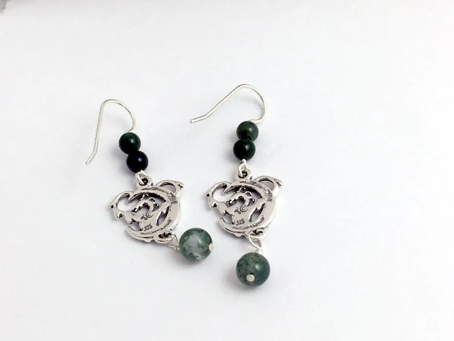 Sterling Silver Dragon on moon dangle  earrings-moss agate-Fantasy,dragons