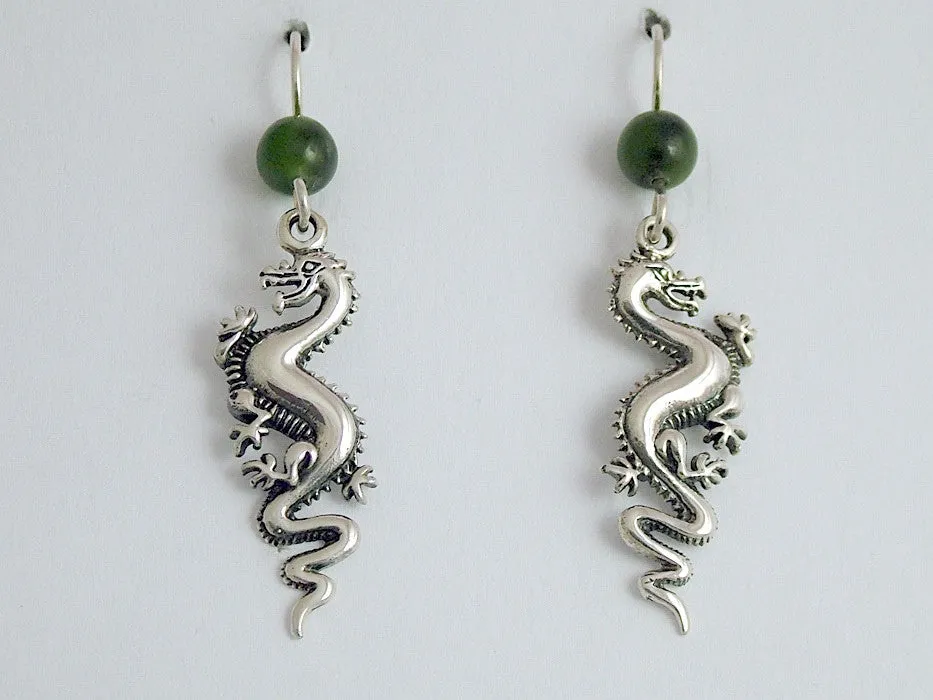 Sterling Silver Long Dragon dangle earrings-Fantasy, Jade, dragons, 2 inches