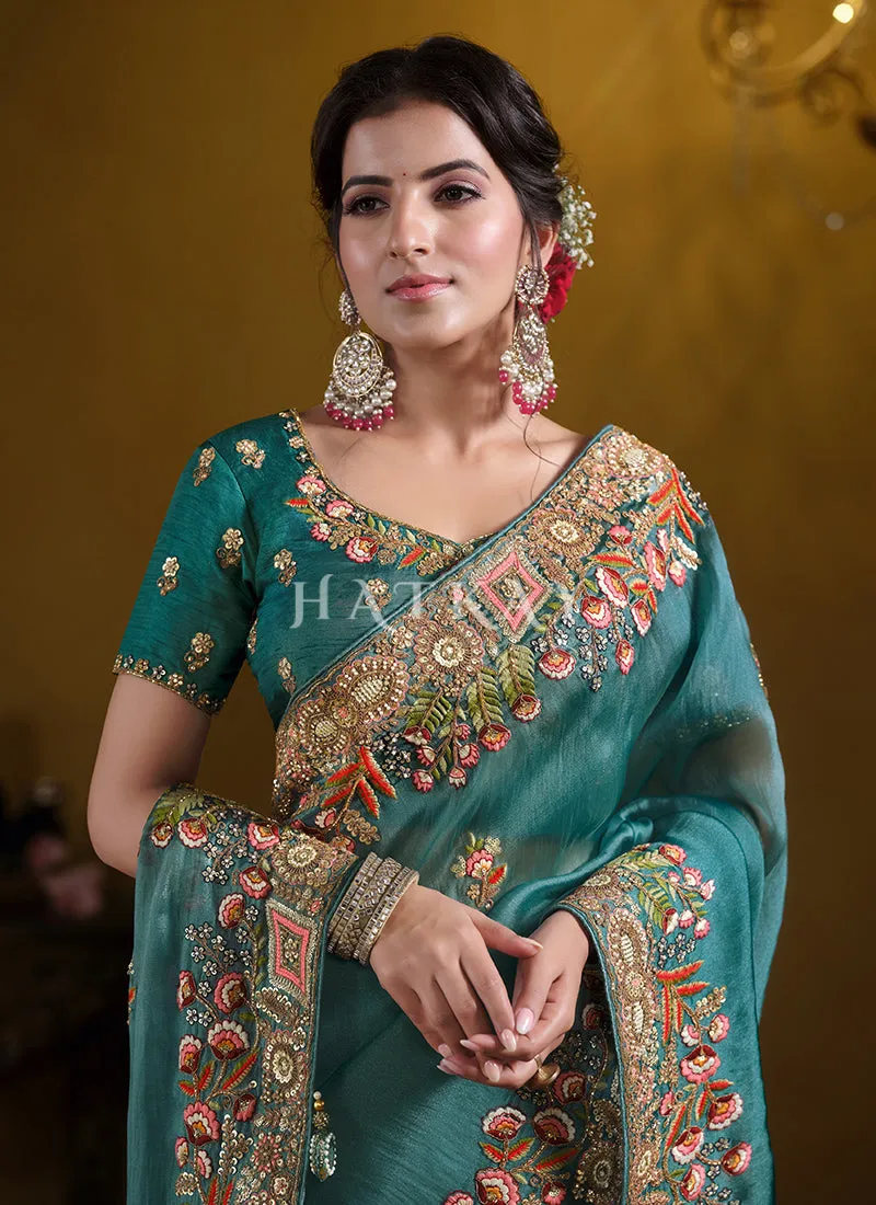 Teal Blue Embroidered Silk Saree