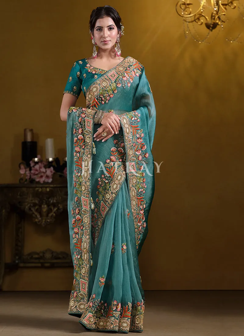Teal Blue Embroidered Silk Saree