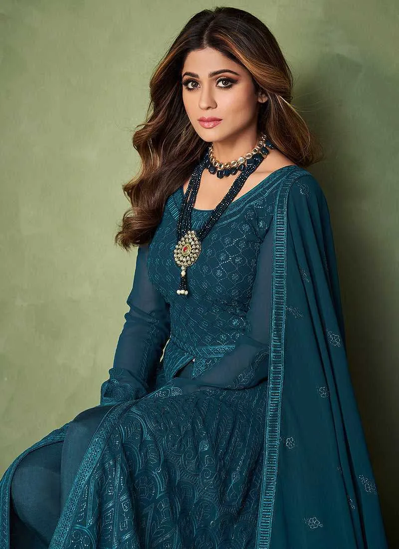Teal Heavy Embroidered Kalidar Anarkali Suit