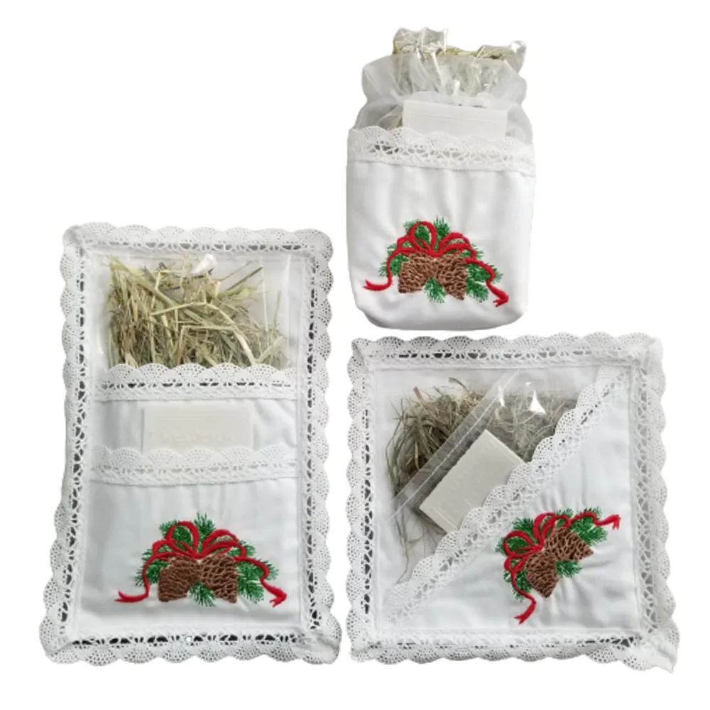 Traditional Polish Lace Pillow Holder with Christmas Wafer & Hay Set, Cone Embroidery