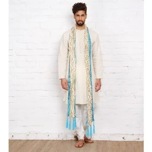 Turquoise & Cream Silk Blend Stole