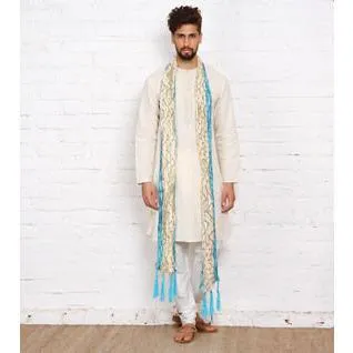 Turquoise & Cream Silk Blend Stole