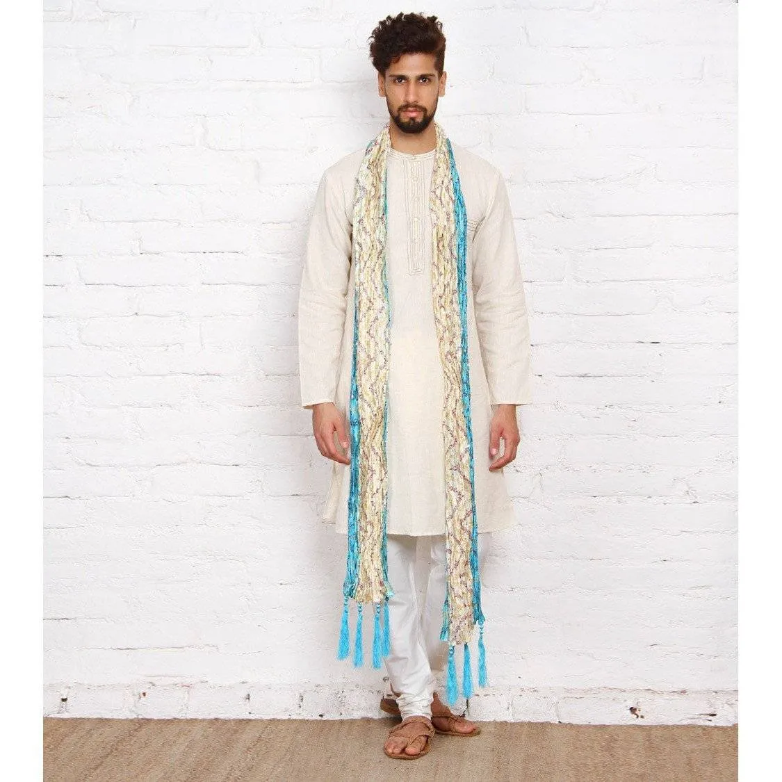 Turquoise & Cream Silk Blend Stole