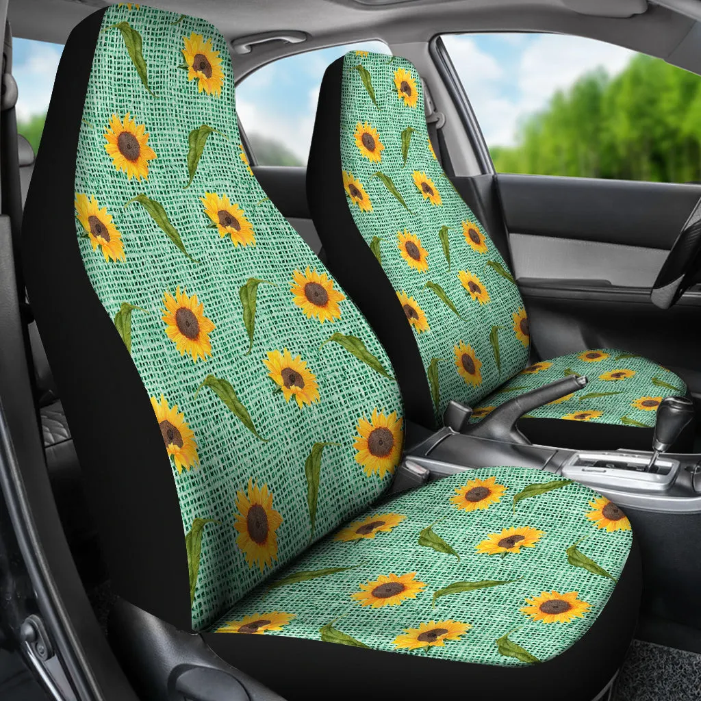 Turquoise Burlap Design With Sunflower Pattern Car Seat Covers