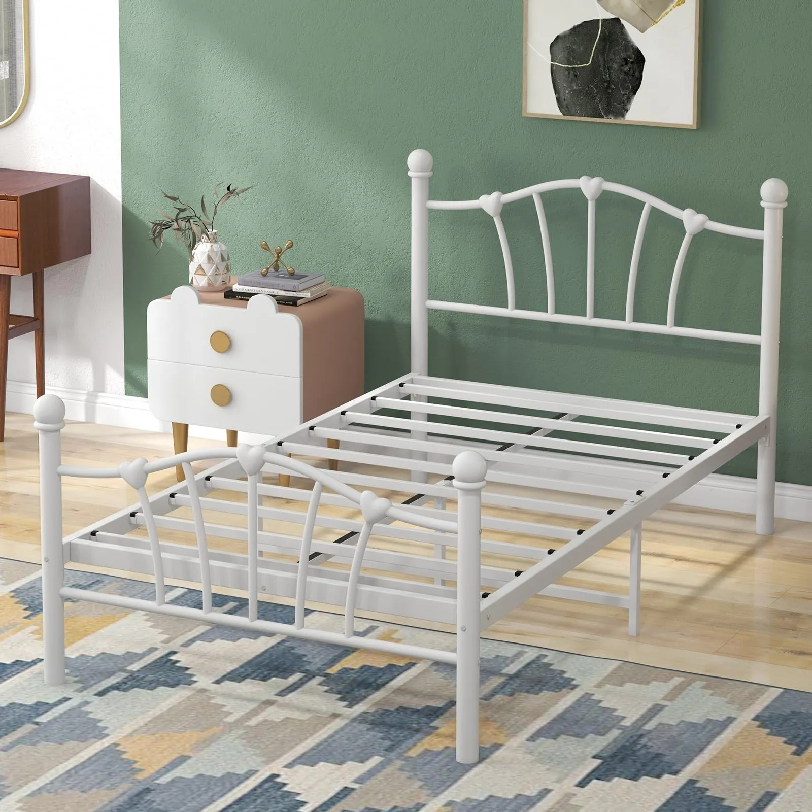 Twin Bed Frame for Kids with Heart haped Headboard and Tailboard No