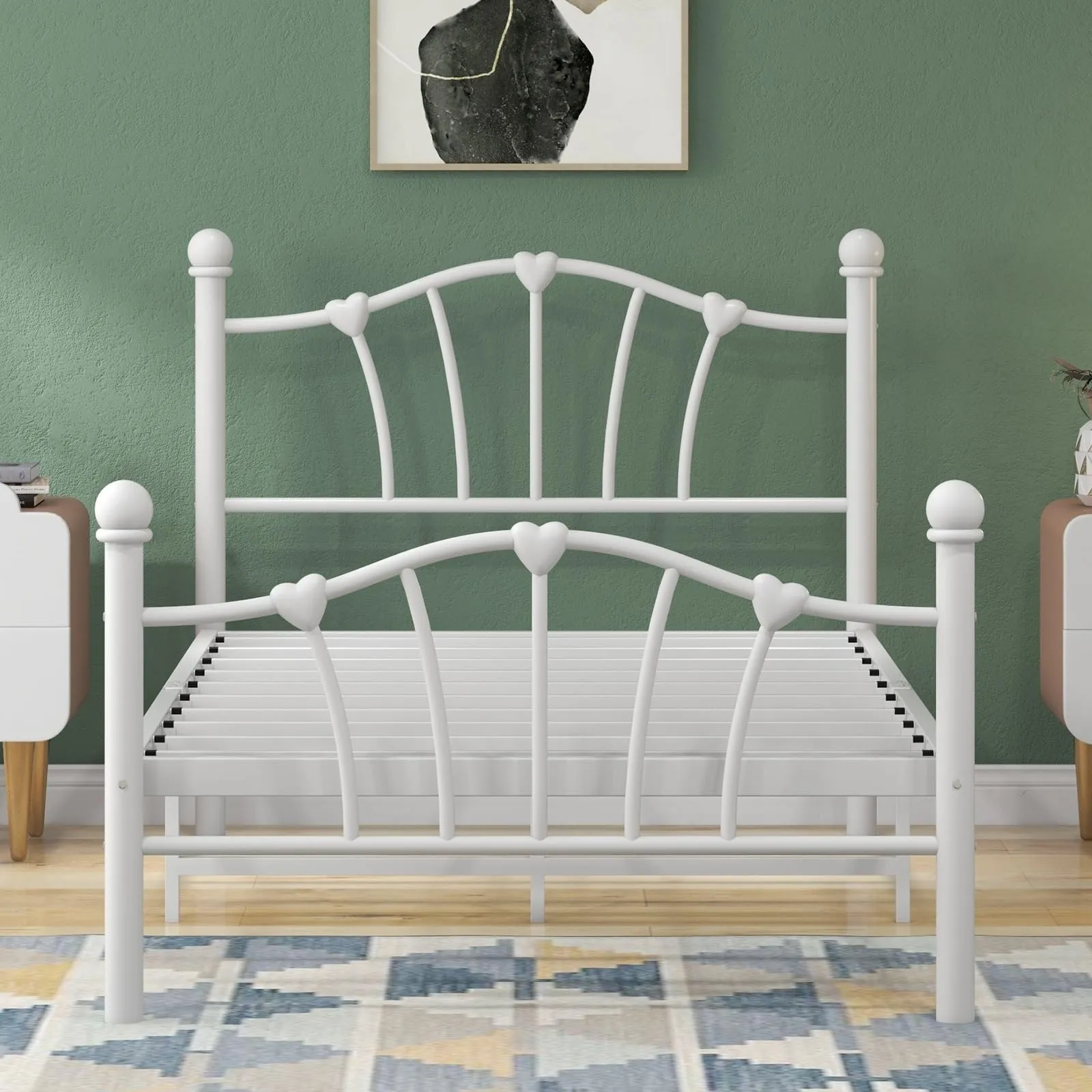 Twin Bed Frame for Kids with Heart haped Headboard and Tailboard No