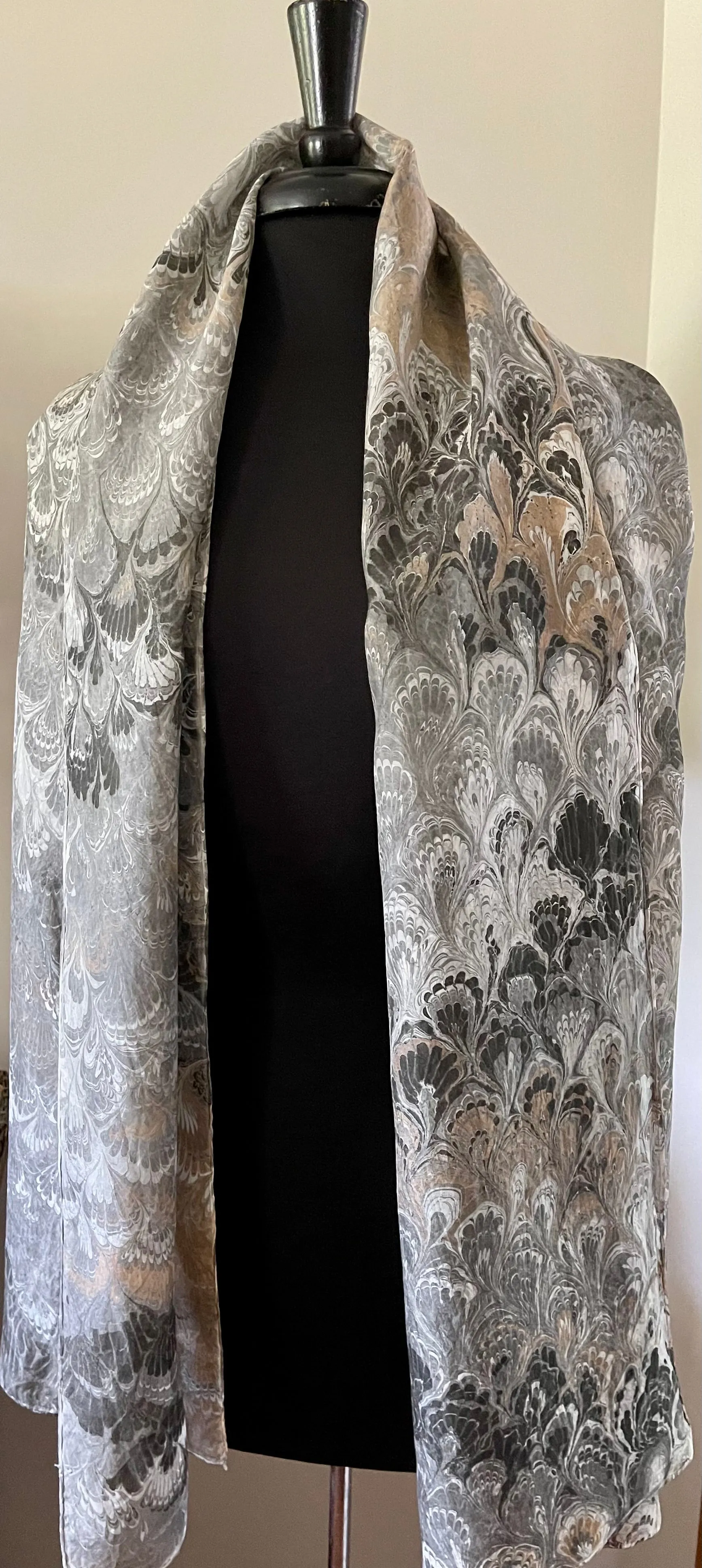 Two sided black & white bouquet Shawl 72x22” Water marbled silk