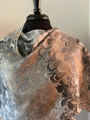 Two sided black & white bouquet Shawl 72x22” Water marbled silk