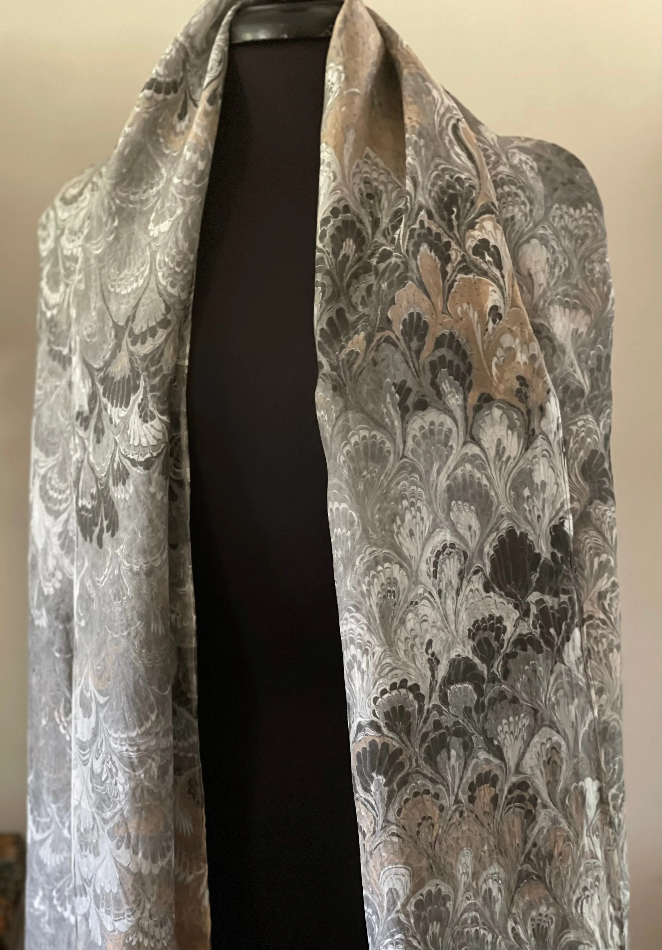 Two sided black & white bouquet Shawl 72x22” Water marbled silk