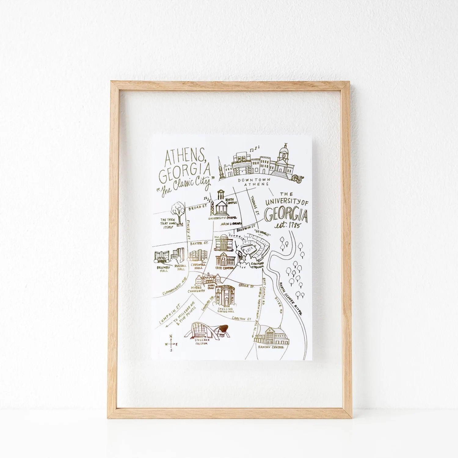 University of Georgia Gold Foil Map Art Print
