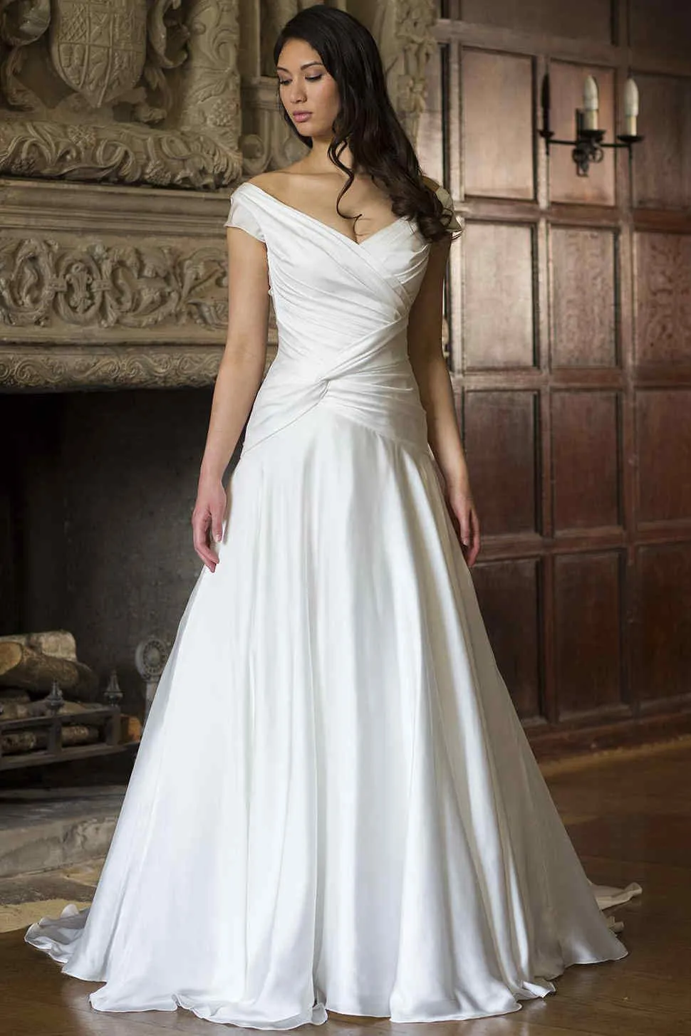 V-Neck Satin Chiffon Wedding Dress With Ruching-MK_702999