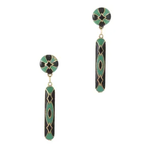 Vintage Art Deco Black Green Enamel Drop Earrings 14k Yellow Gold Estate Jewelry