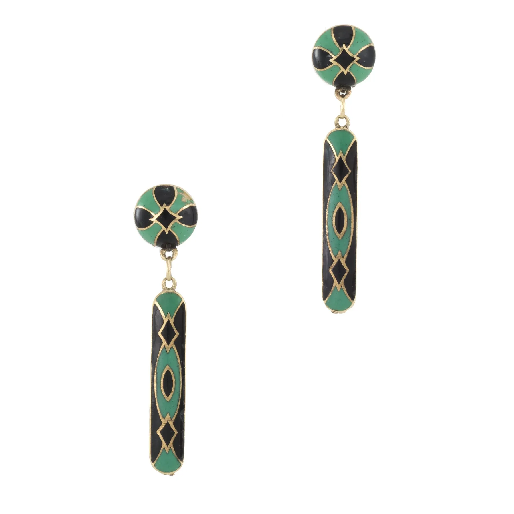 Vintage Art Deco Black Green Enamel Drop Earrings 14k Yellow Gold Estate Jewelry