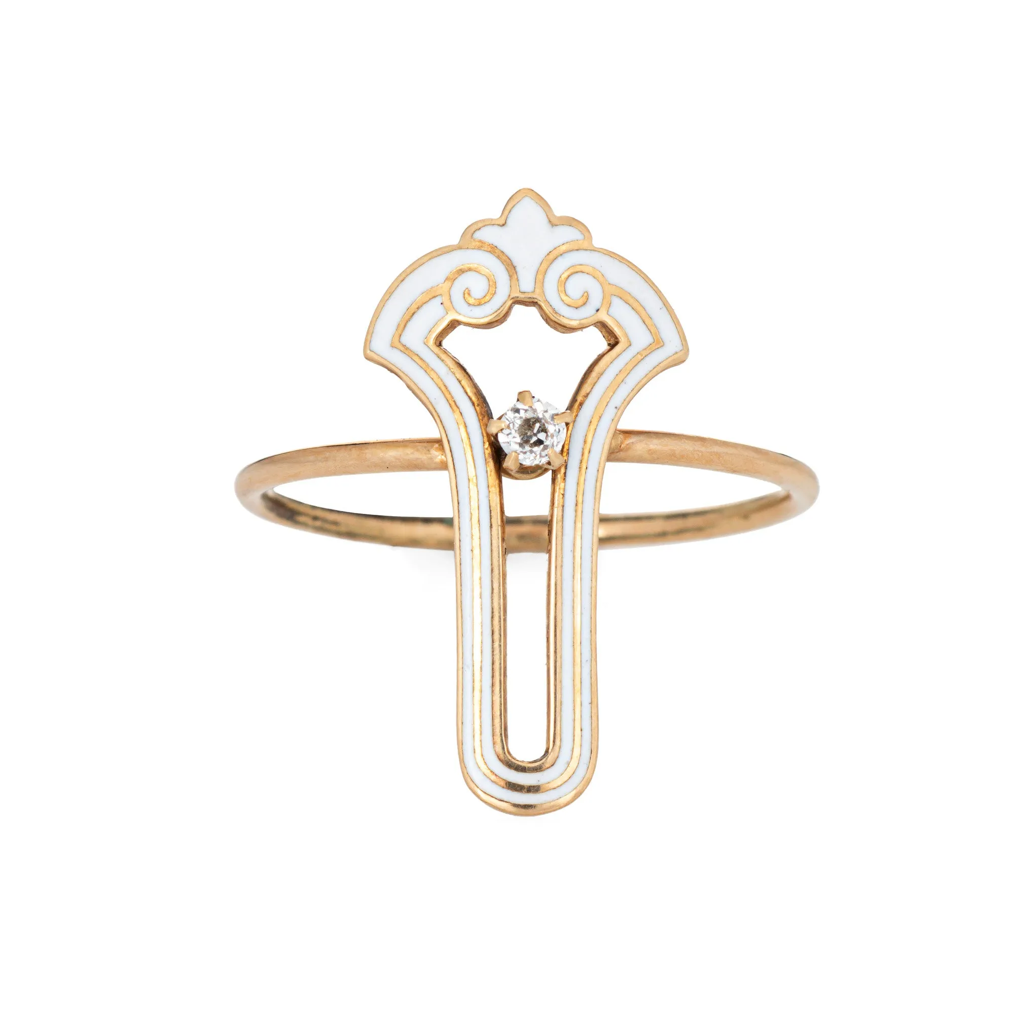 Vintage Art Deco White Enamel Ring Diamond 14k Yellow Gold Sz 7.75 Elongated