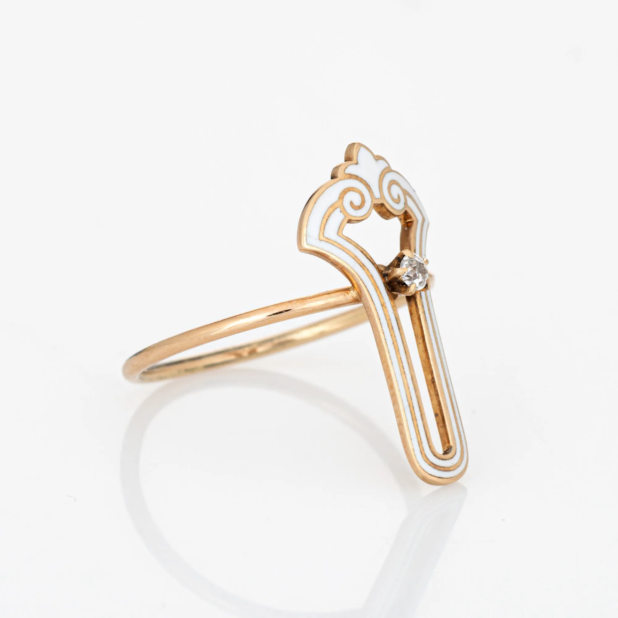Vintage Art Deco White Enamel Ring Diamond 14k Yellow Gold Sz 7.75 Elongated