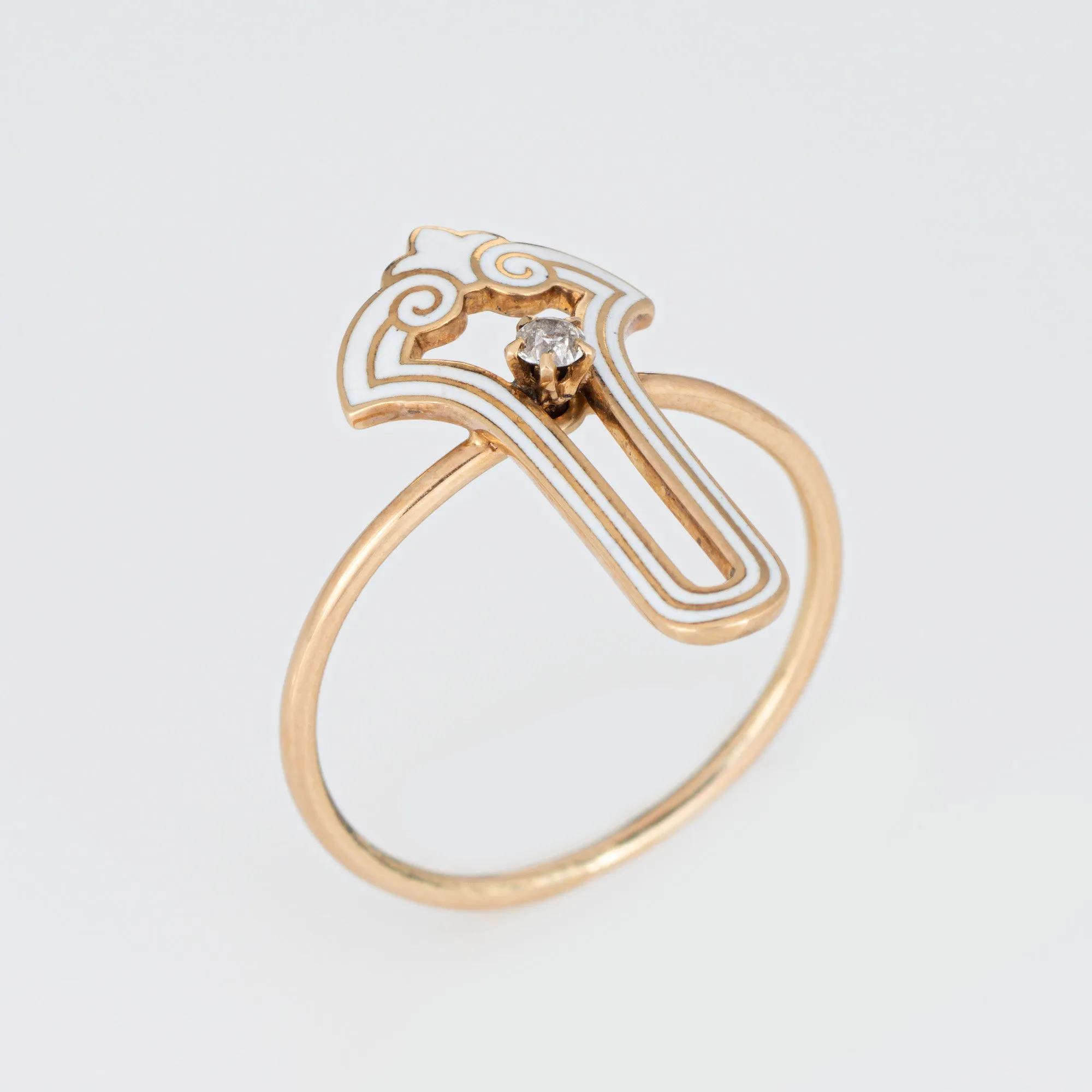 Vintage Art Deco White Enamel Ring Diamond 14k Yellow Gold Sz 7.75 Elongated