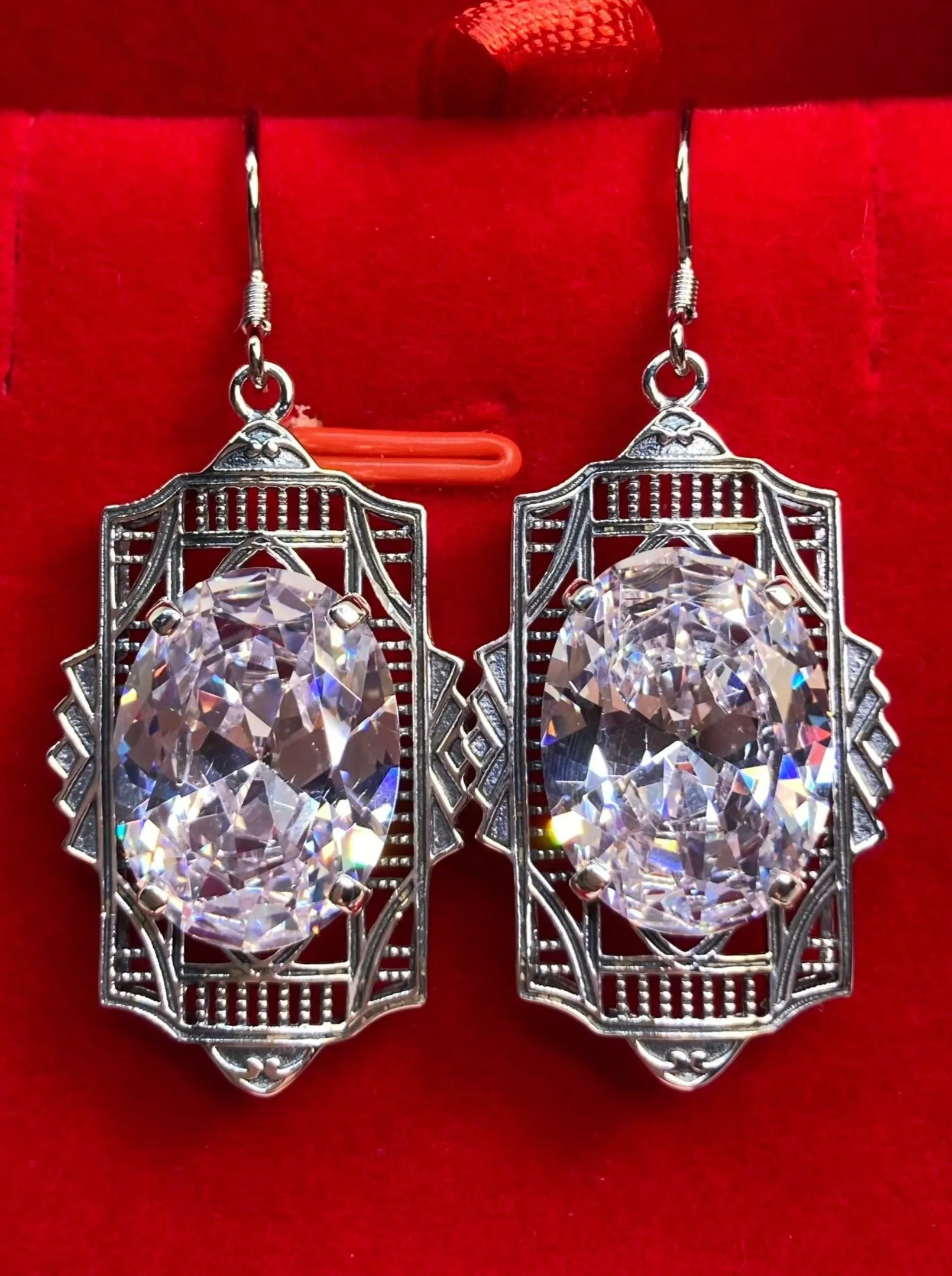 White Cubic Zirconia (CZ) Earrings, Art Deco Jewelry #E19
