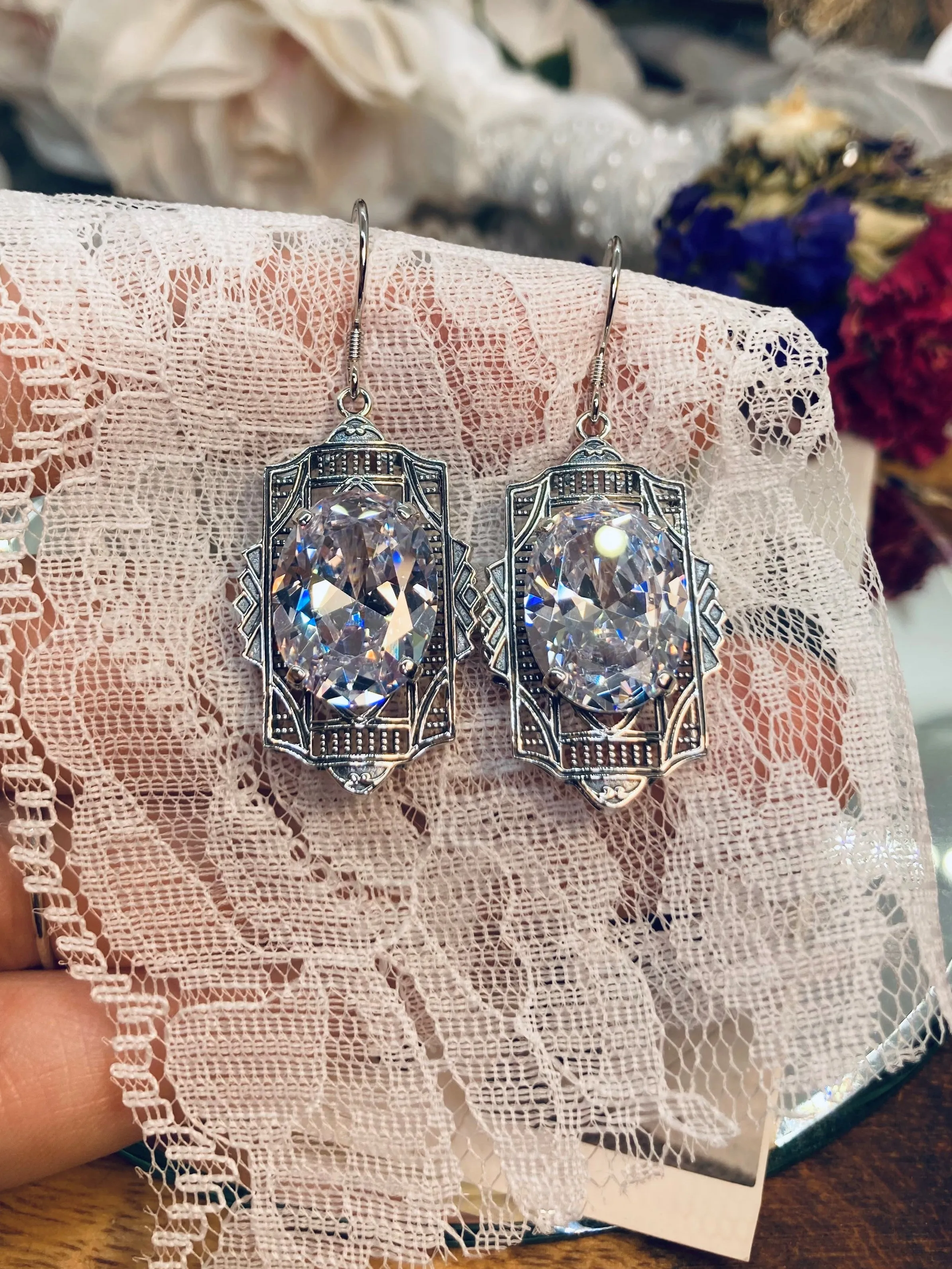 White Cubic Zirconia (CZ) Earrings, Art Deco Jewelry #E19