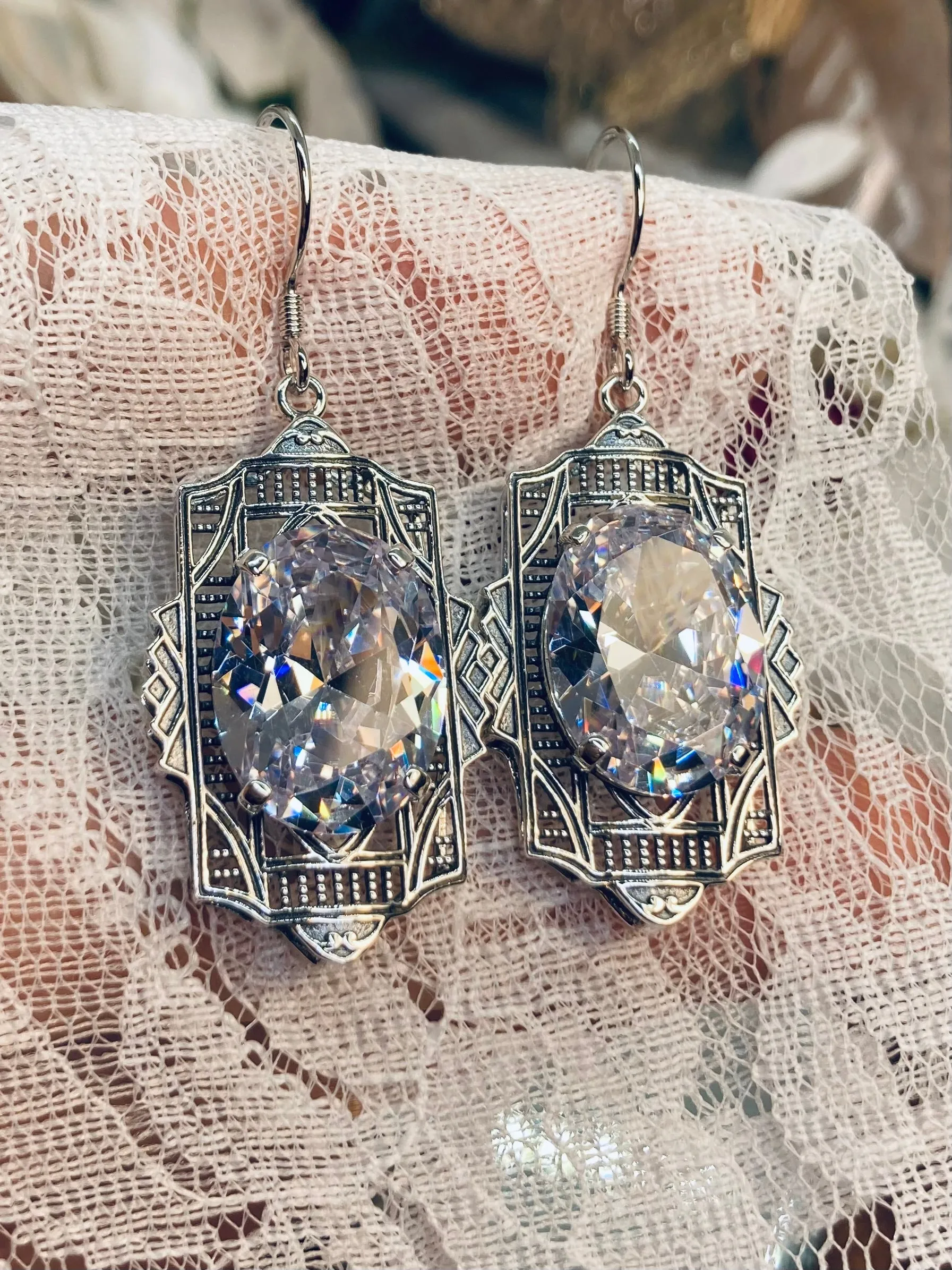 White Cubic Zirconia (CZ) Earrings, Art Deco Jewelry #E19