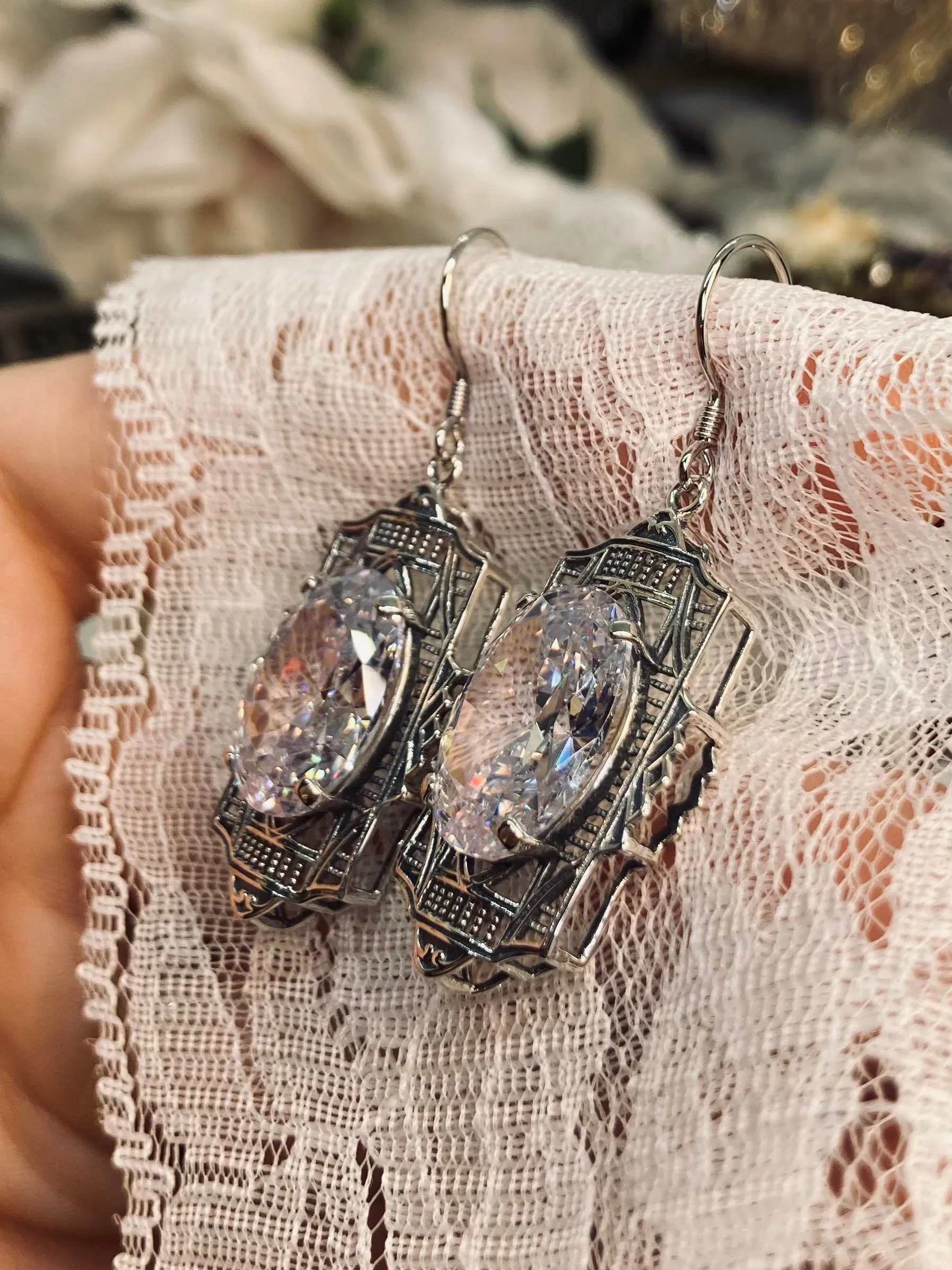 White Cubic Zirconia (CZ) Earrings, Art Deco Jewelry #E19
