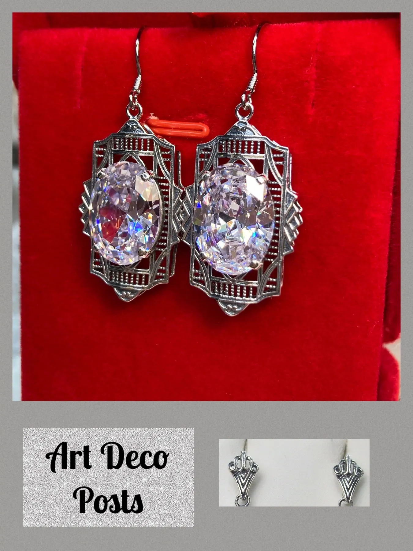 White Cubic Zirconia (CZ) Earrings, Art Deco Jewelry #E19