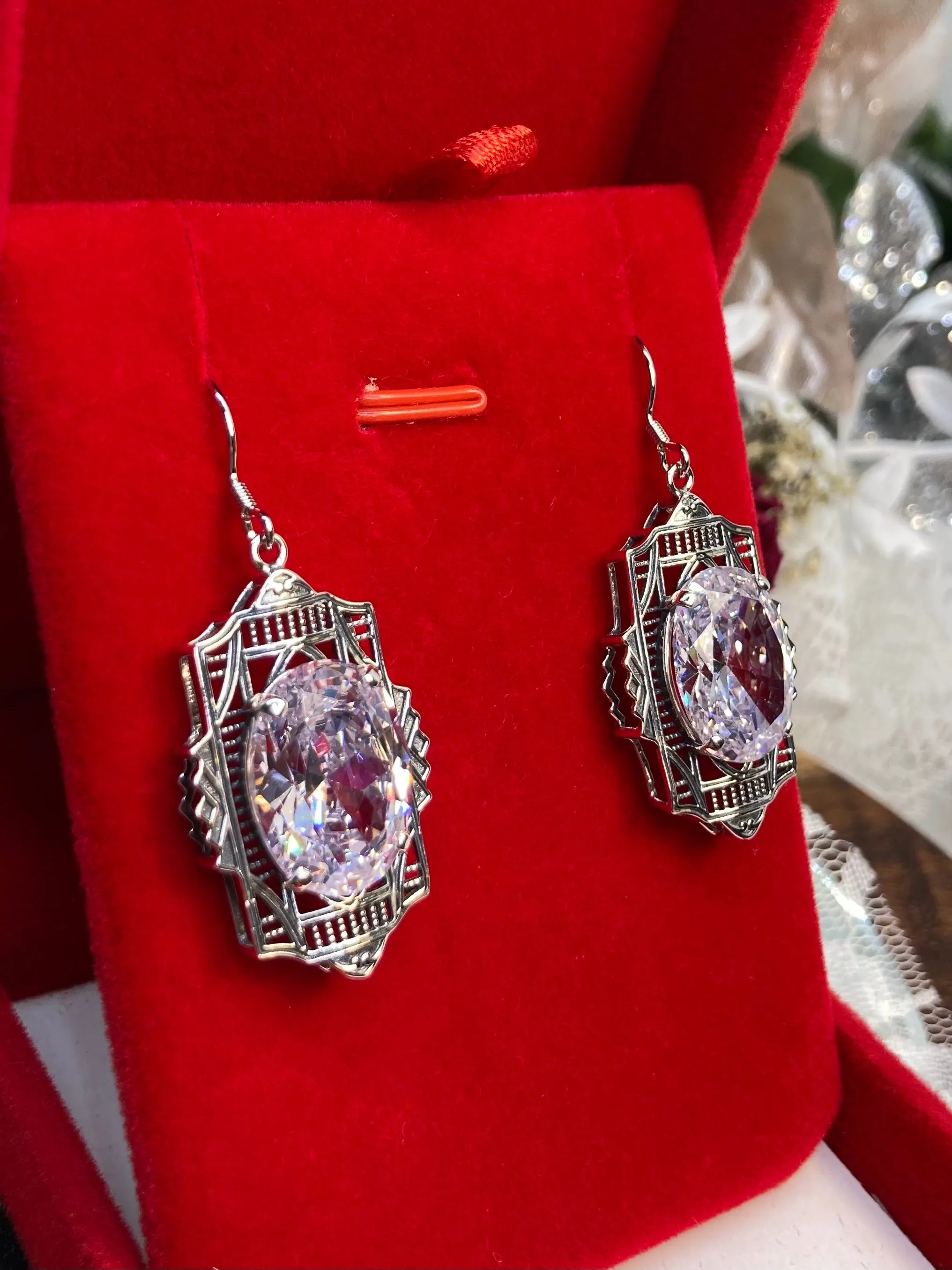 White Cubic Zirconia (CZ) Earrings, Art Deco Jewelry #E19