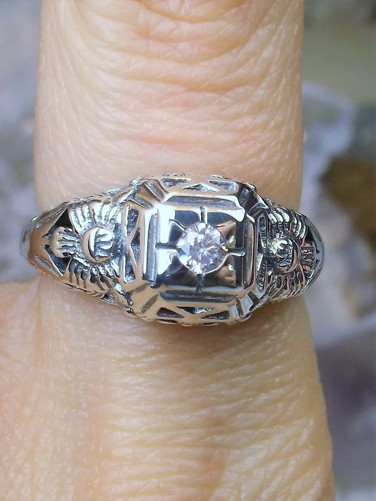 White CZ Ring, Art Deco Garden Wedding Ring #D157