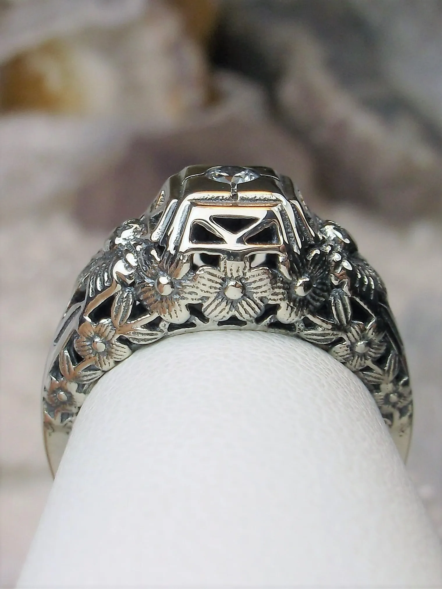 White CZ Ring, Art Deco Garden Wedding Ring #D157