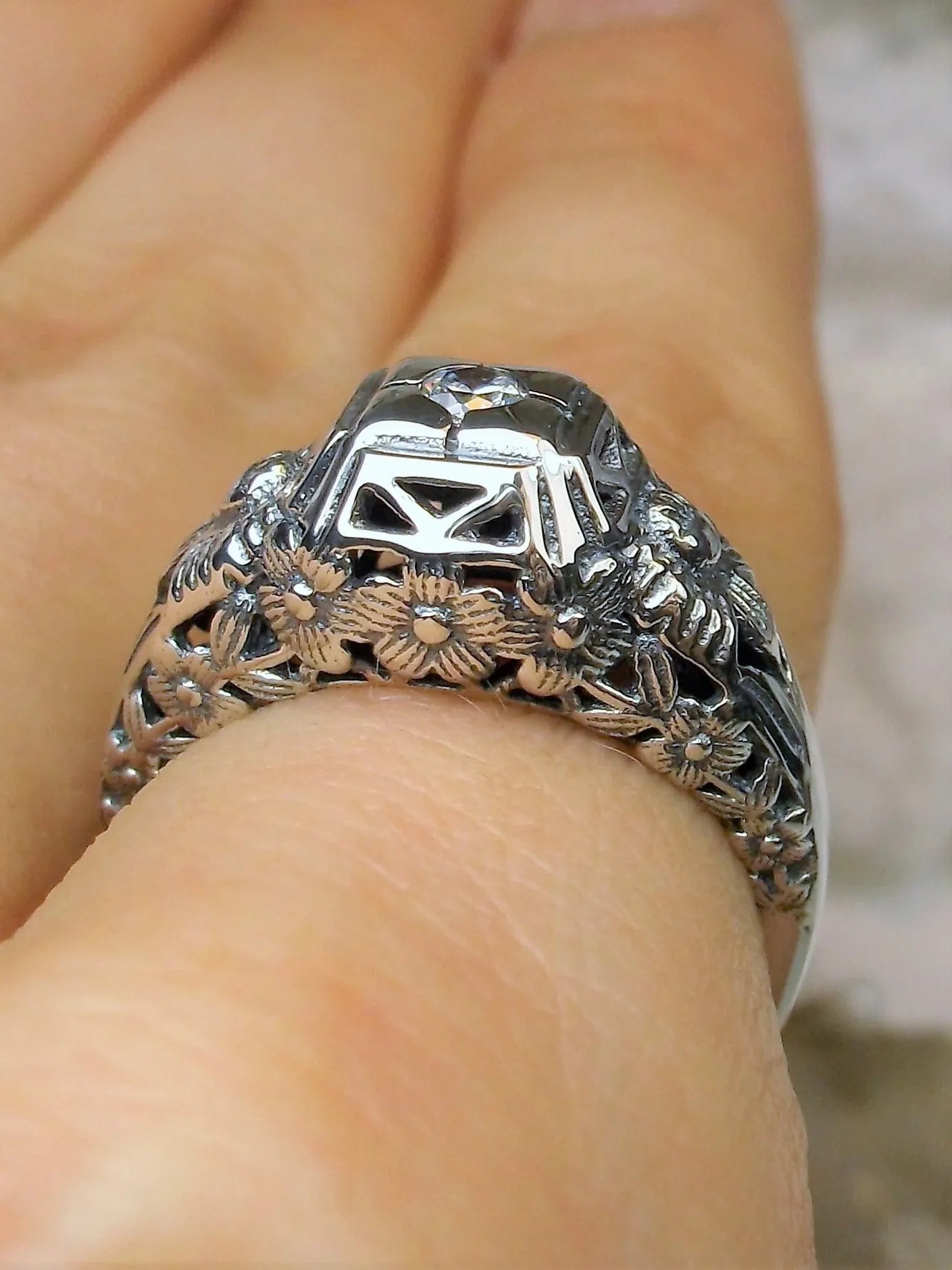 White CZ Ring, Art Deco Garden Wedding Ring #D157