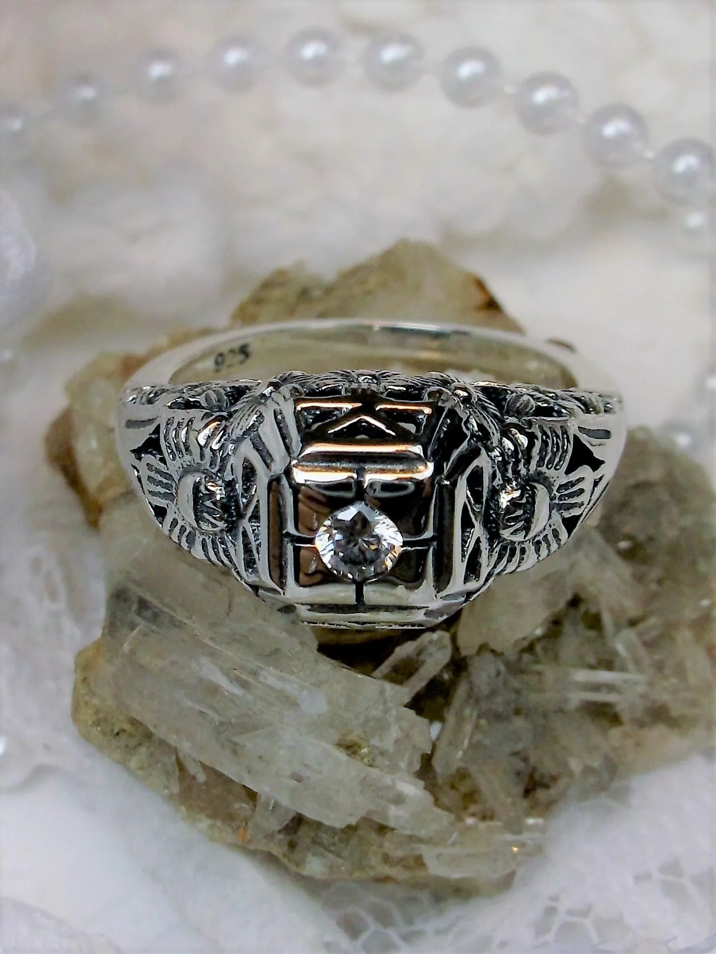 White CZ Ring, Art Deco Garden Wedding Ring #D157