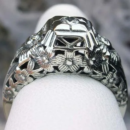 White CZ Ring, Art Deco Garden Wedding Ring #D157