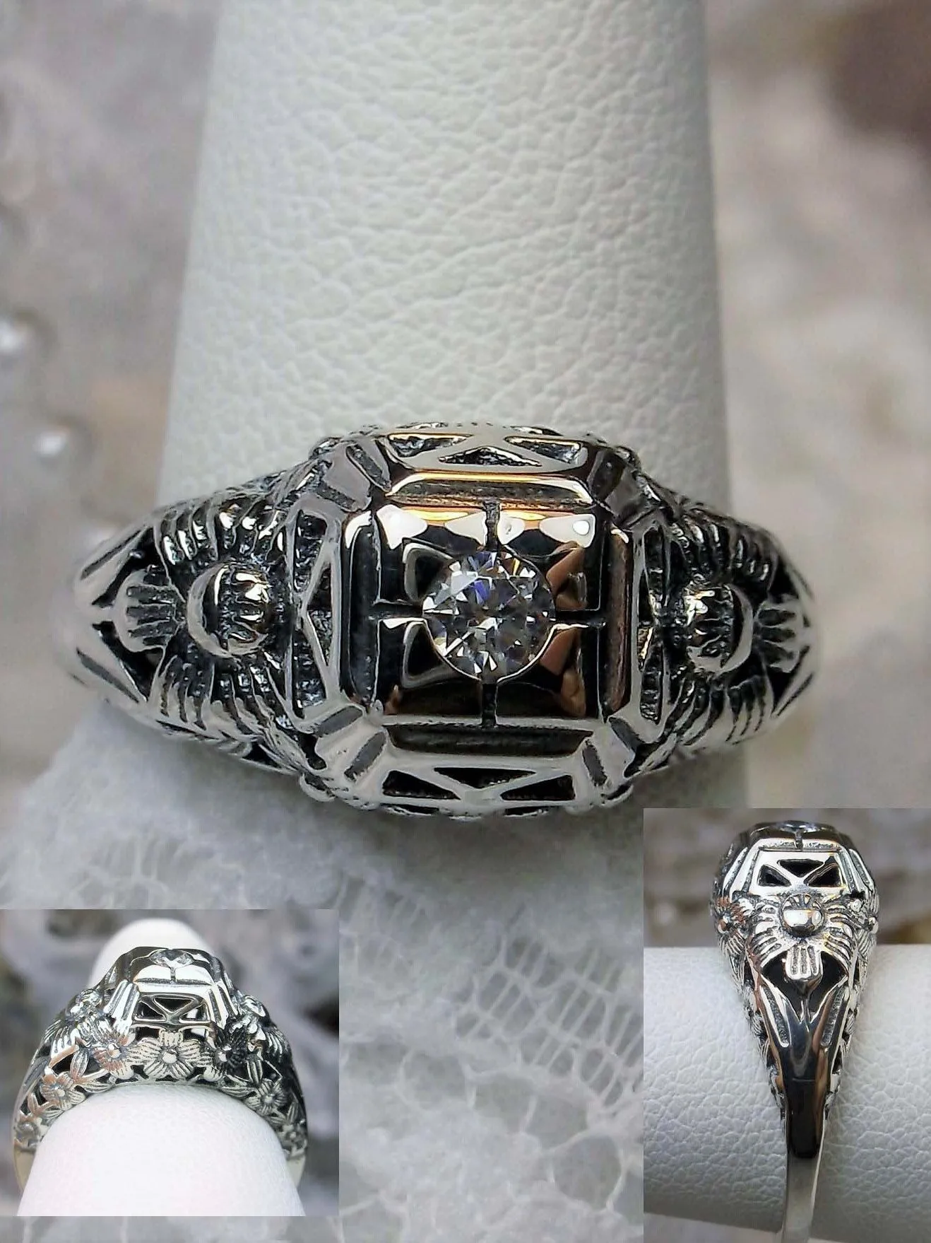 White CZ Ring, Art Deco Garden Wedding Ring #D157