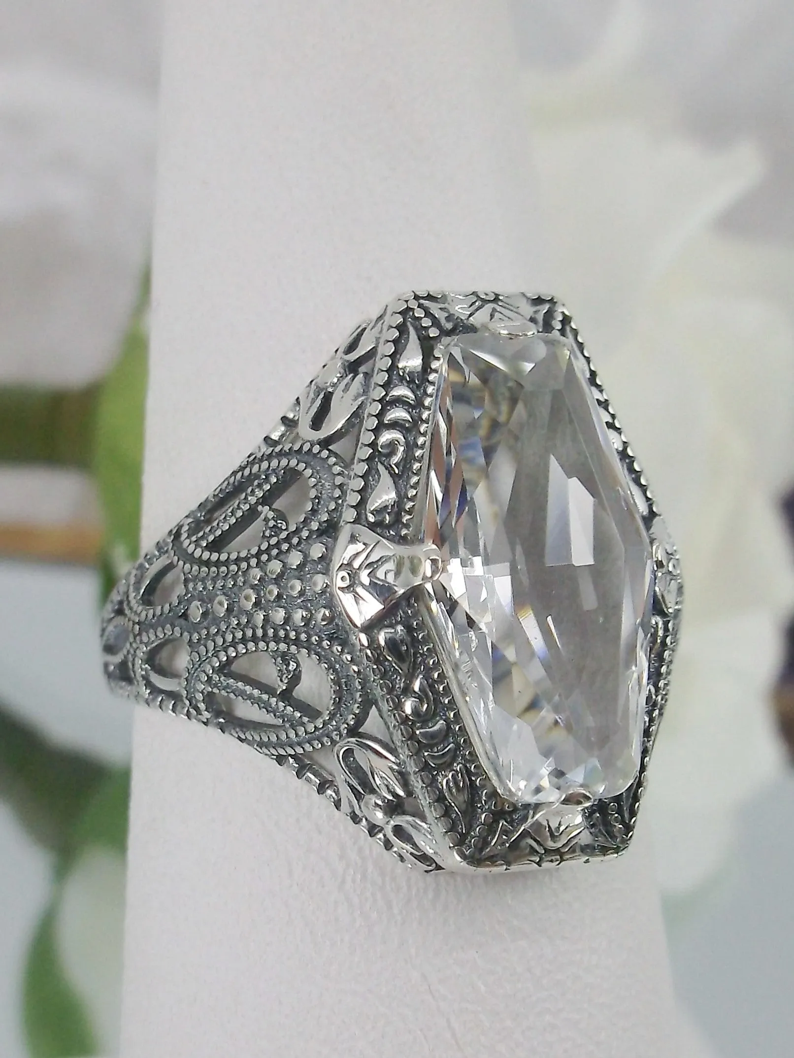 White Topaz Ring, Hexagon Gem with Art Deco Filigree, Edwardian Jewelry #D237
