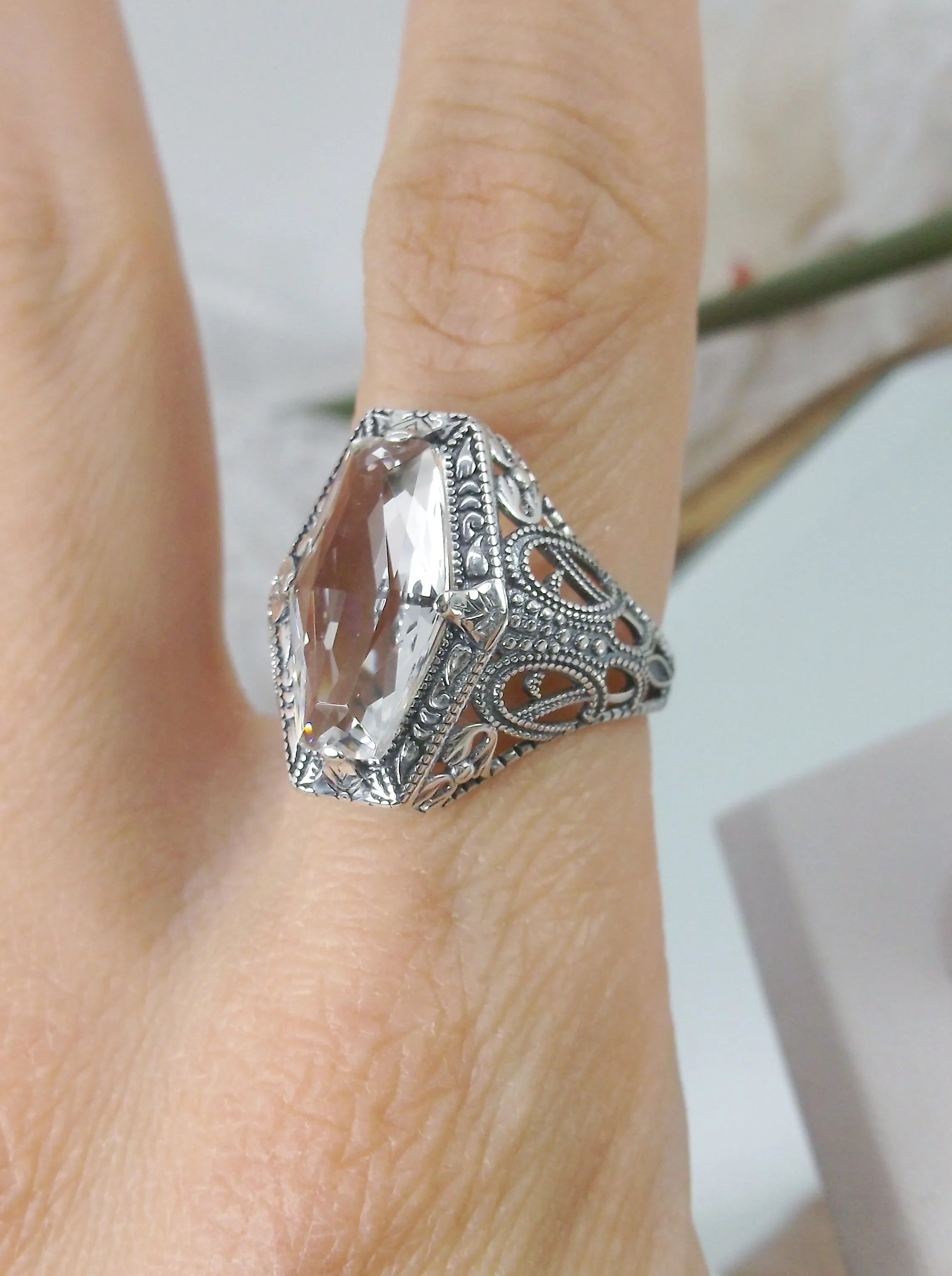 White Topaz Ring, Hexagon Gem with Art Deco Filigree, Edwardian Jewelry #D237