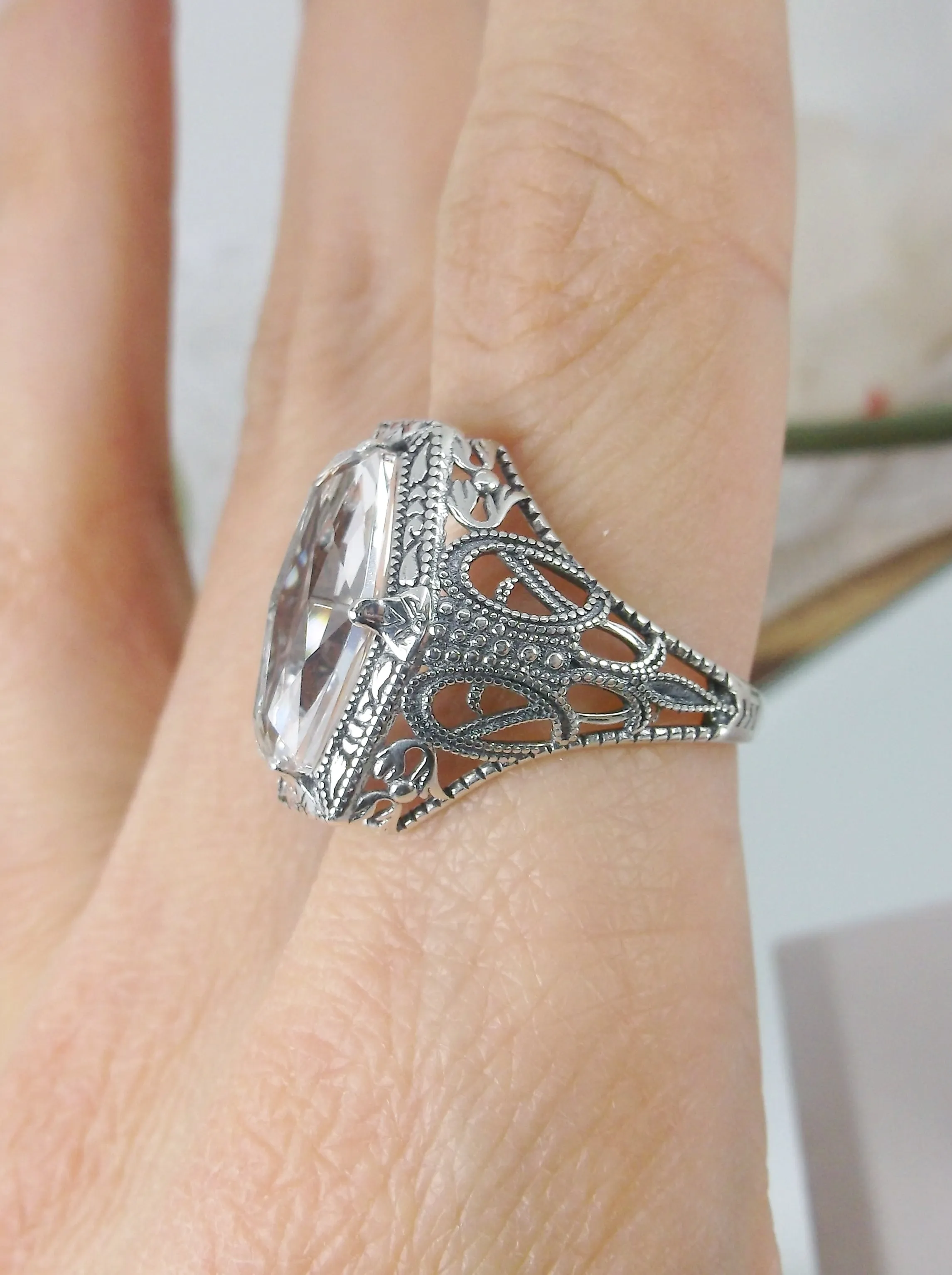 White Topaz Ring, Hexagon Gem with Art Deco Filigree, Edwardian Jewelry #D237