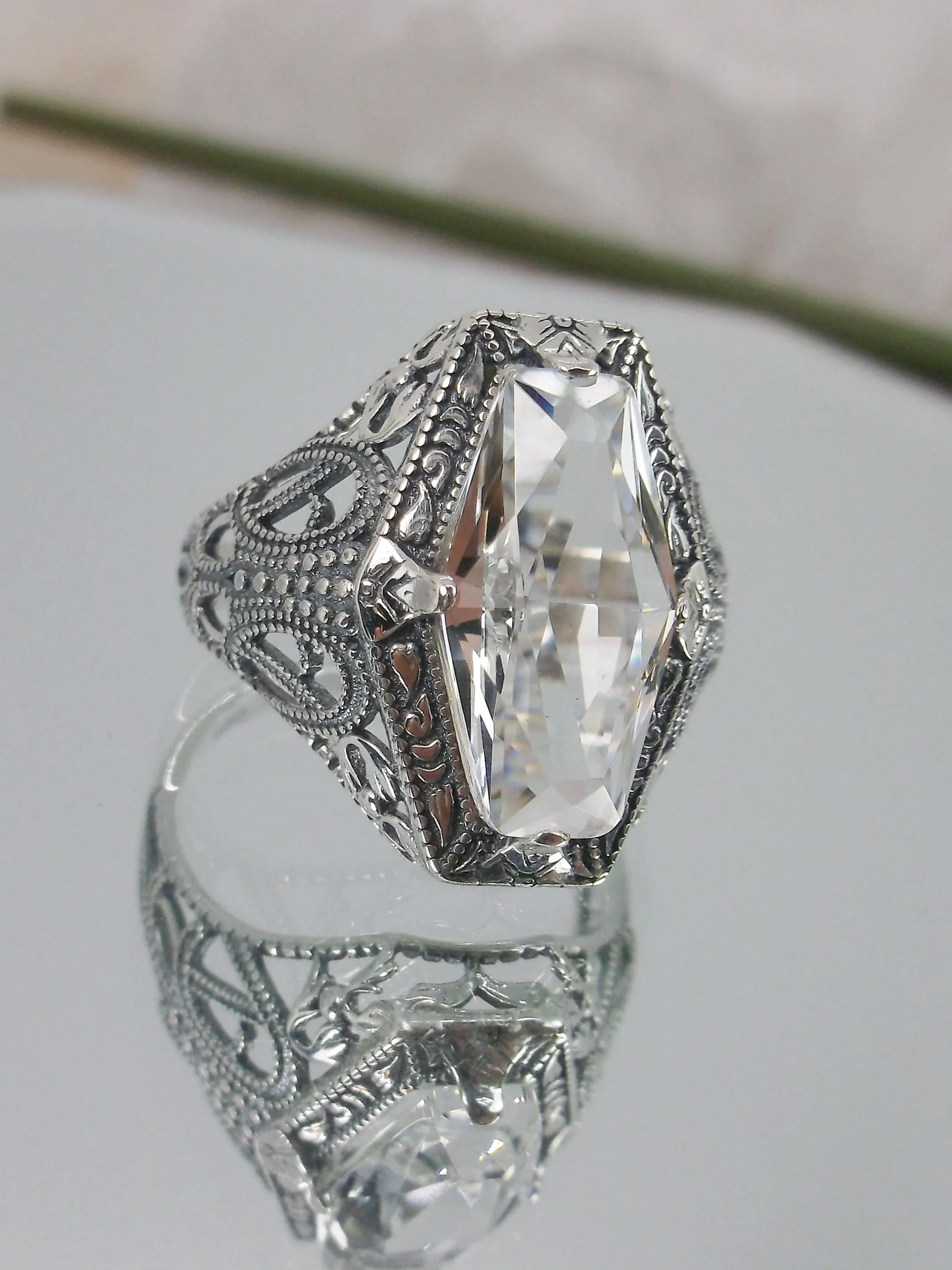 White Topaz Ring, Hexagon Gem with Art Deco Filigree, Edwardian Jewelry #D237