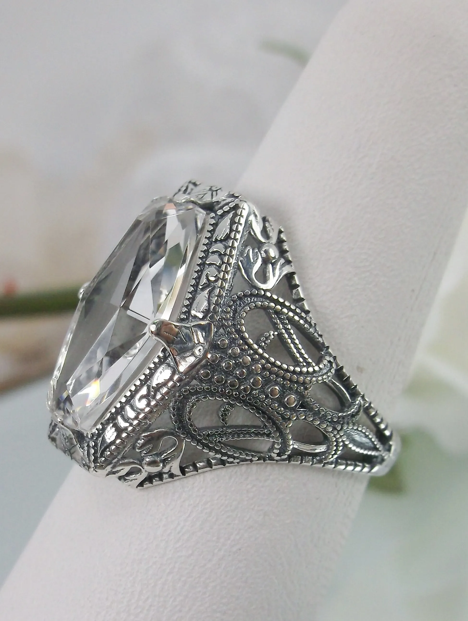 White Topaz Ring, Hexagon Gem with Art Deco Filigree, Edwardian Jewelry #D237