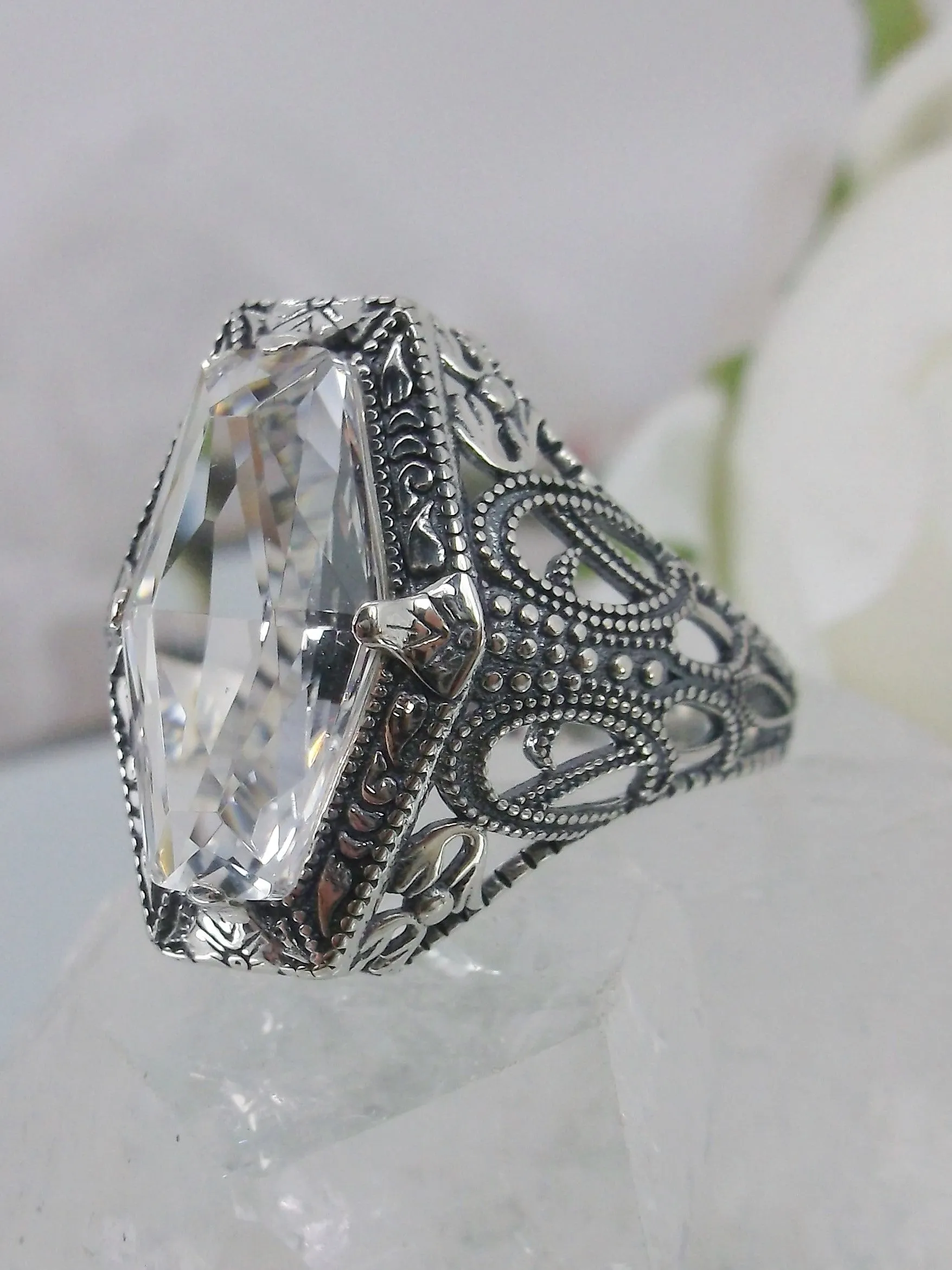 White Topaz Ring, Hexagon Gem with Art Deco Filigree, Edwardian Jewelry #D237