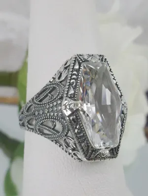 White Topaz Ring, Hexagon Gem with Art Deco Filigree, Edwardian Jewelry #D237