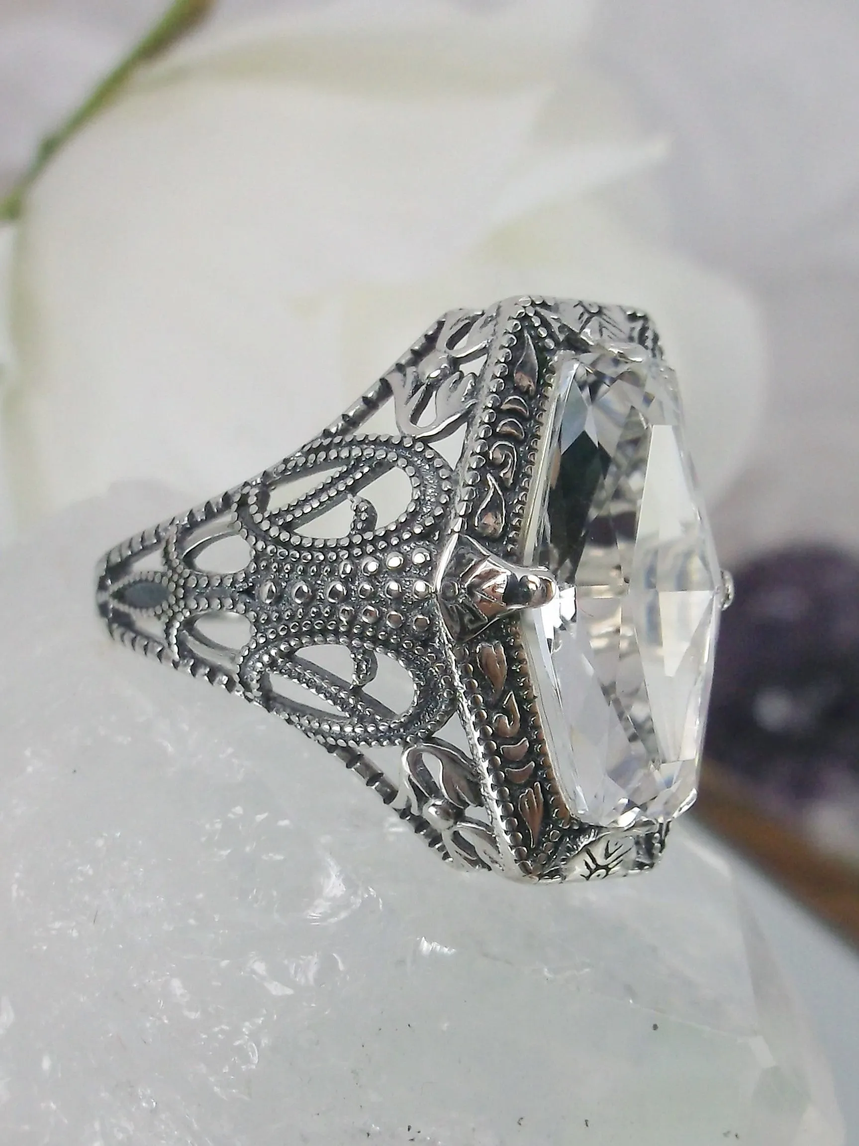 White Topaz Ring, Hexagon Gem with Art Deco Filigree, Edwardian Jewelry #D237