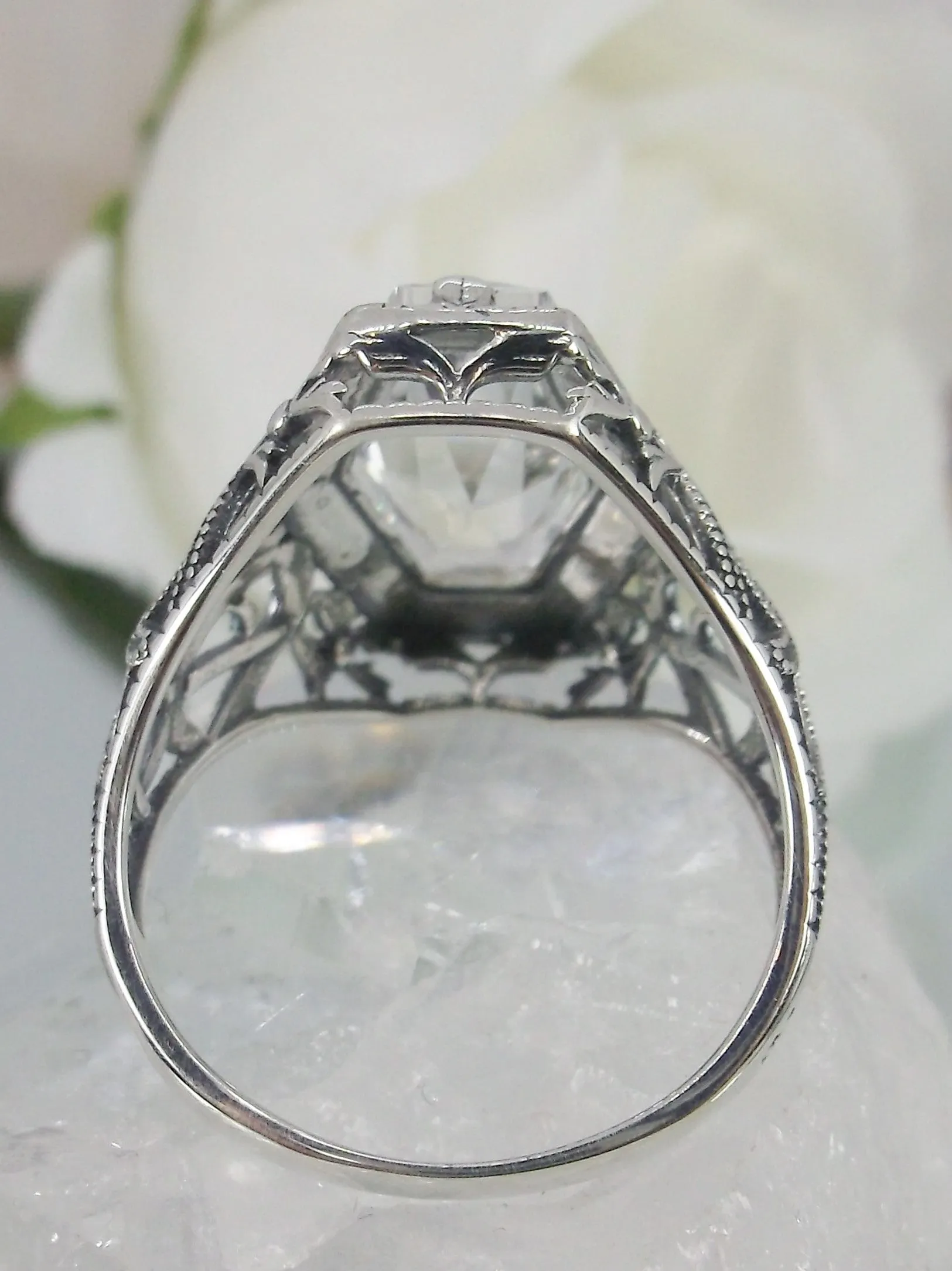 White Topaz Ring, Hexagon Gem with Art Deco Filigree, Edwardian Jewelry #D237