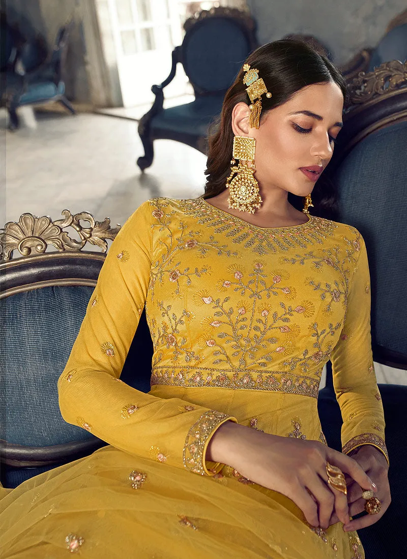 Yellow Floral Heavy Embroidered Gown Style Anarkali