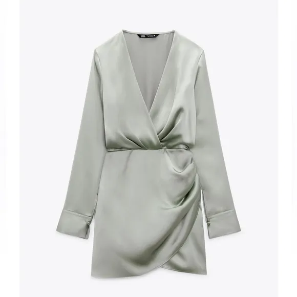 Zara Satin Wrap Dress in light green. NWT