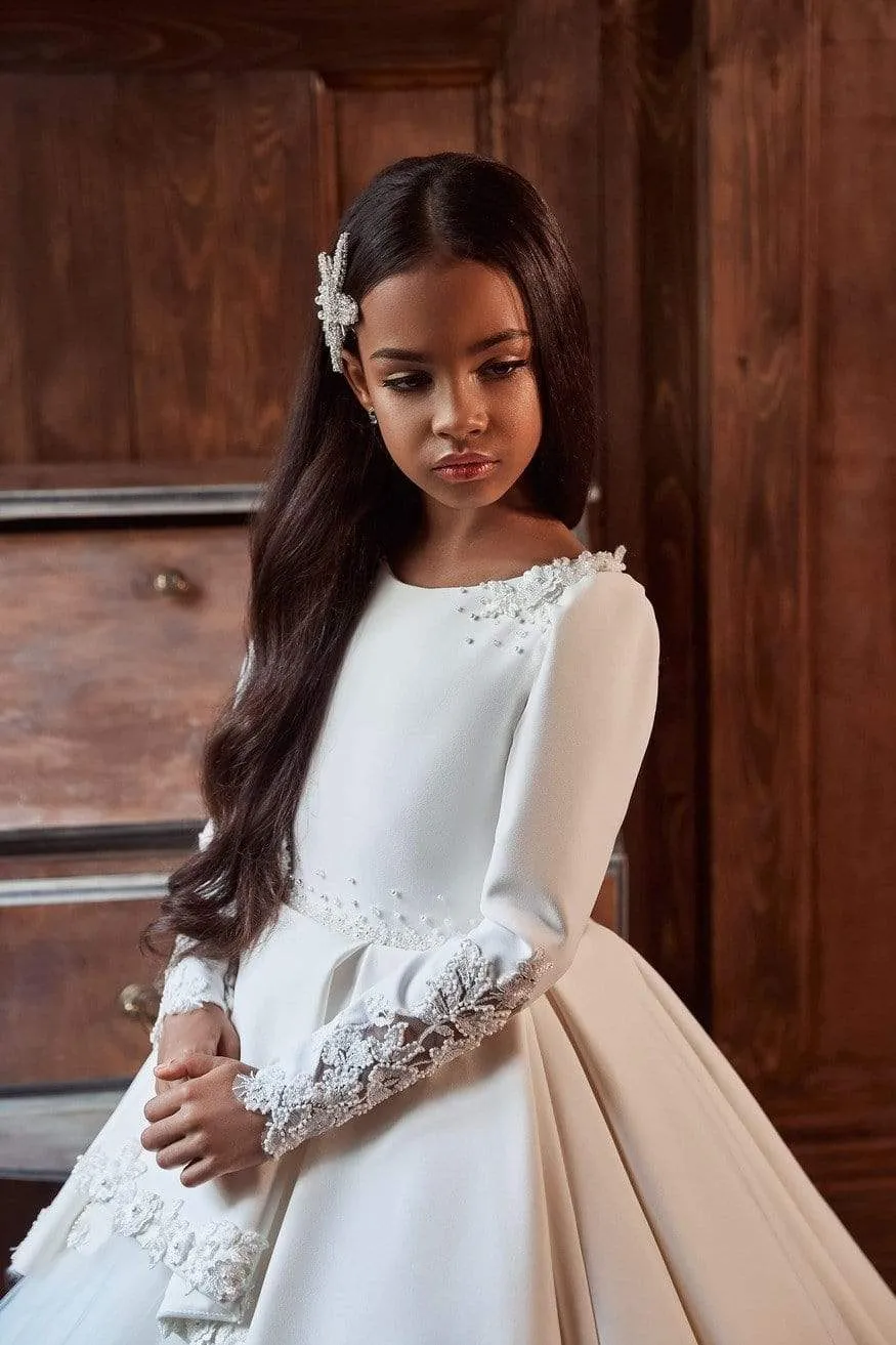 Zarina Communion Dress with Long Sleeves in silk Crepe